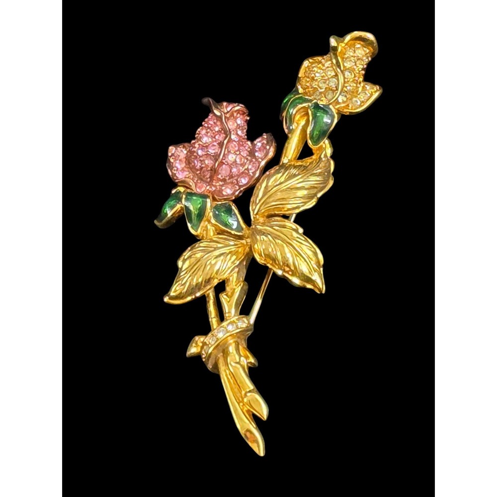 Nolan Miller two Rose Bud Bouquet Brooch Enamel Pink Crystal Rhinestone Flower